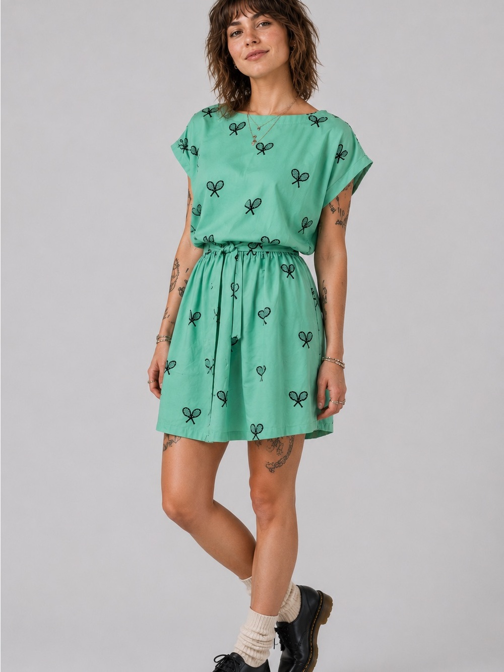 ModCloth Mint Tennis Racket Print Tie Waist Dress Retro Cap Sleeve Fit & Flare